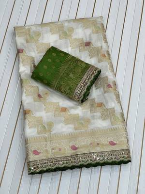 White Color Premium Designer Dola SIlk Blnd Saree 4