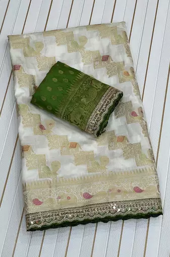 White Color Premium Designer Dola SIlk Blnd Saree