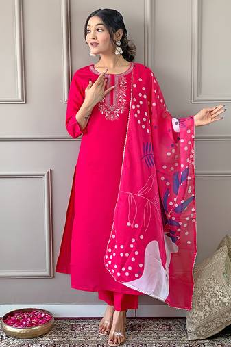 Women's Beautiful Embroidery Work Rayon Fabric Straight Kurta Pant and Dupatta Set