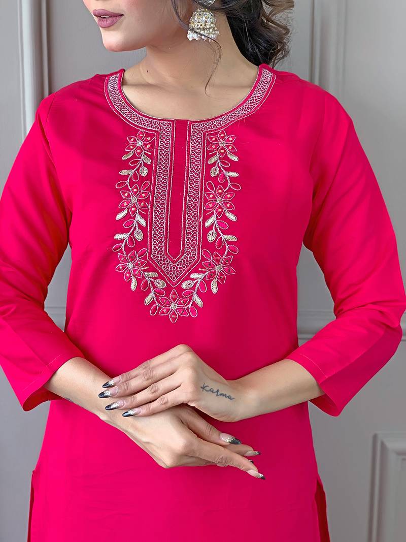 Women's Beautiful Embroidery Work Rayon Fabric Straight Kurta Pant and Dupatta Set