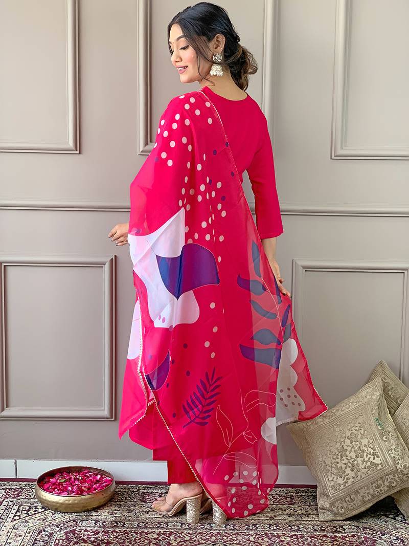 Women's Beautiful Embroidery Work Rayon Fabric Straight Kurta Pant and Dupatta Set