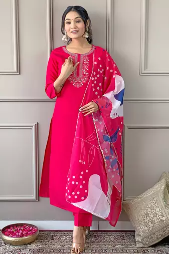 Women's Beautiful Embroidery Work Rayon Fabric Straight Kurta Pant and Dupatta Set