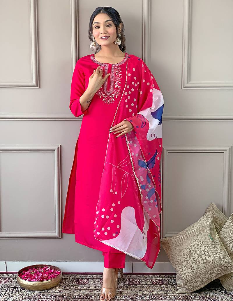 Women's Beautiful Embroidery Work Rayon Fabric Straight Kurta Pant and Dupatta Set