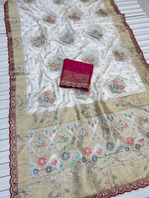White Color Dola Silk Zari Weaving With Meenakari Wedding Saree 1