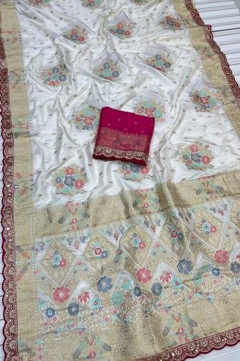 White Color Dola SIlk Blnd Zari Weaving With Meenakari Wedding Saree
