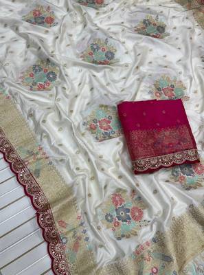 White Color Dola Silk Zari Weaving With Meenakari Wedding Saree 2
