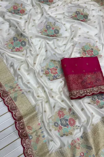 White Color Dola Silk Zari Weaving With Meenakari Wedding Saree