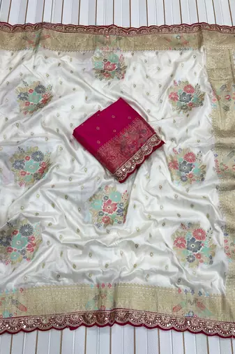 White Color Dola Silk Zari Weaving With Meenakari Wedding Saree