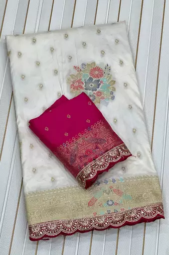 White Color Dola Silk Zari Weaving With Meenakari Wedding Saree