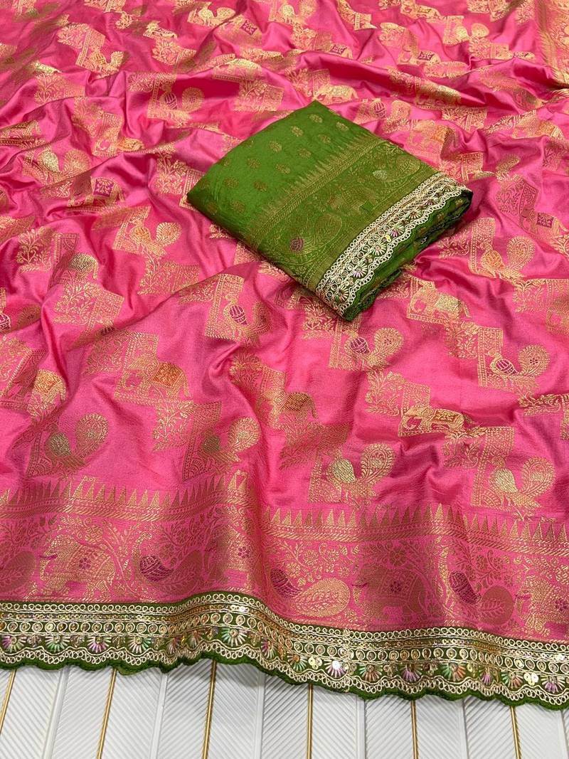 Rani Pink Color Premium Designer Dola SIlk Blnd Saree