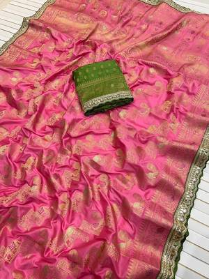 Rani Pink Color Premium Designer Dola SIlk Blnd Saree 2