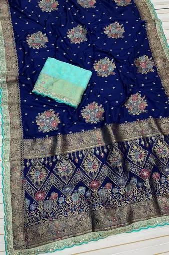 Navy Blue Color Dola SIlk Blnd Zari Weaving With Meenakari Wedding Saree