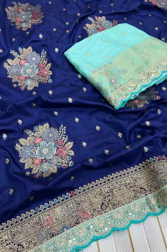 Navy Blue Color Dola Silk Zari Weaving With Meenakari Wedding Saree