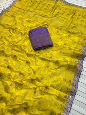 Yellow Color Premium Designer Dola SIlk Blnd Saree 1