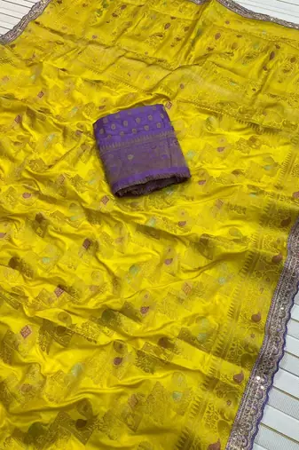 Yellow Color Premium Designer Dola SIlk Blnd Saree