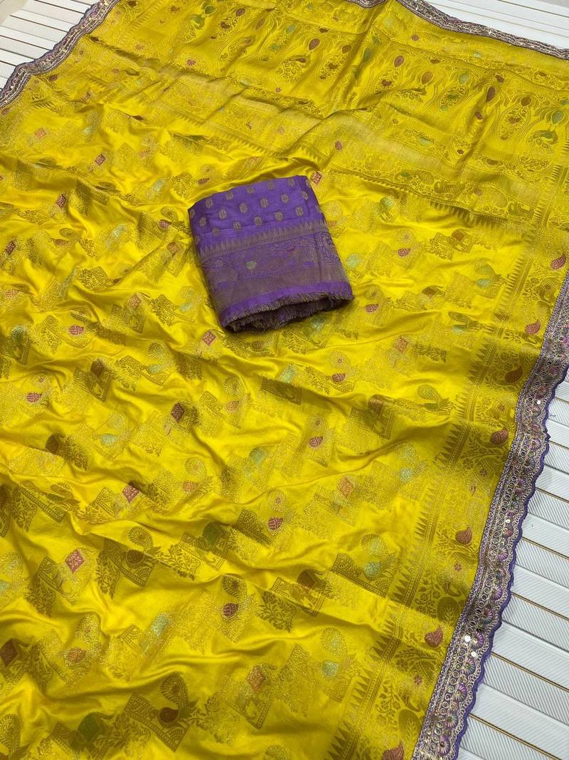 Yellow Color Premium Designer Dola SIlk Blnd Saree