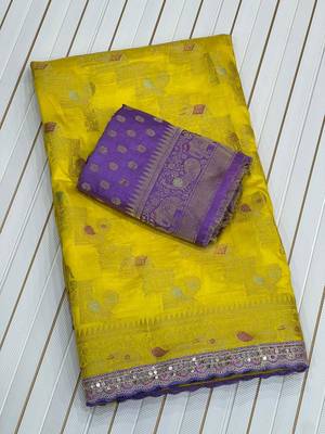 Yellow Color Premium Designer Dola SIlk Blnd Saree 3