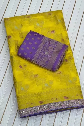 Yellow Color Premium Designer Dola SIlk Blnd Saree