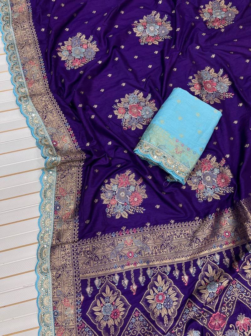 Purple Color Dola SIlk Blnd Zari Weaving With Meenakari Wedding Saree
