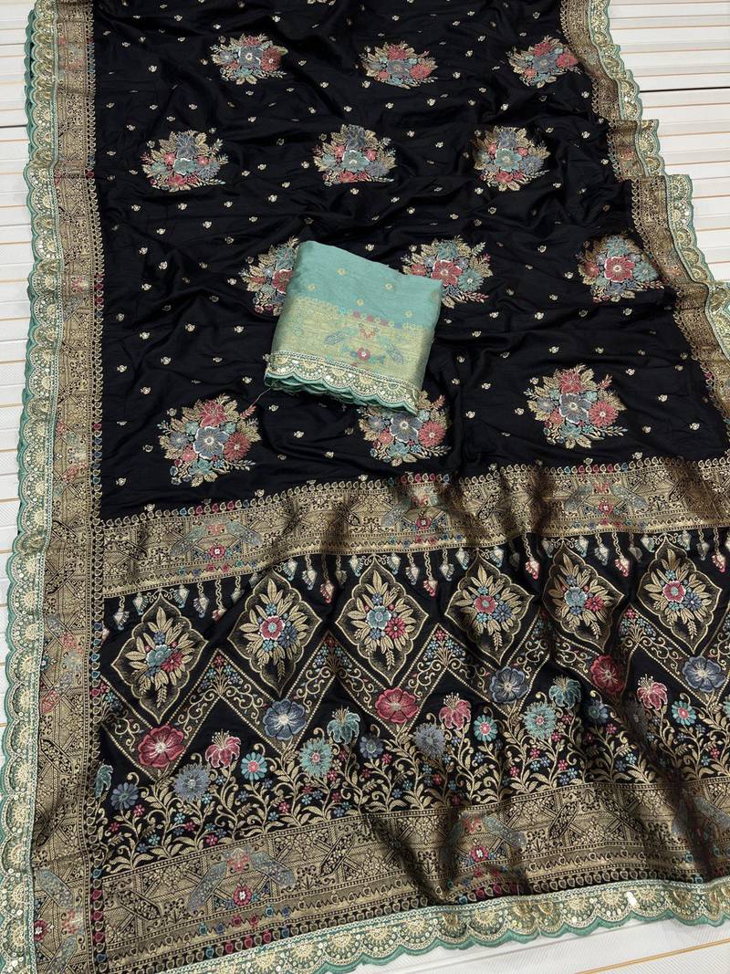 Black Color Dola SIlk Blnd Zari Weaving With Meenakari Wedding Saree