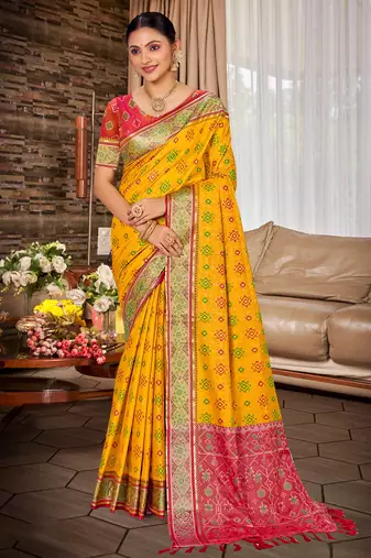 yellow patola silk blend woven work traditional saree