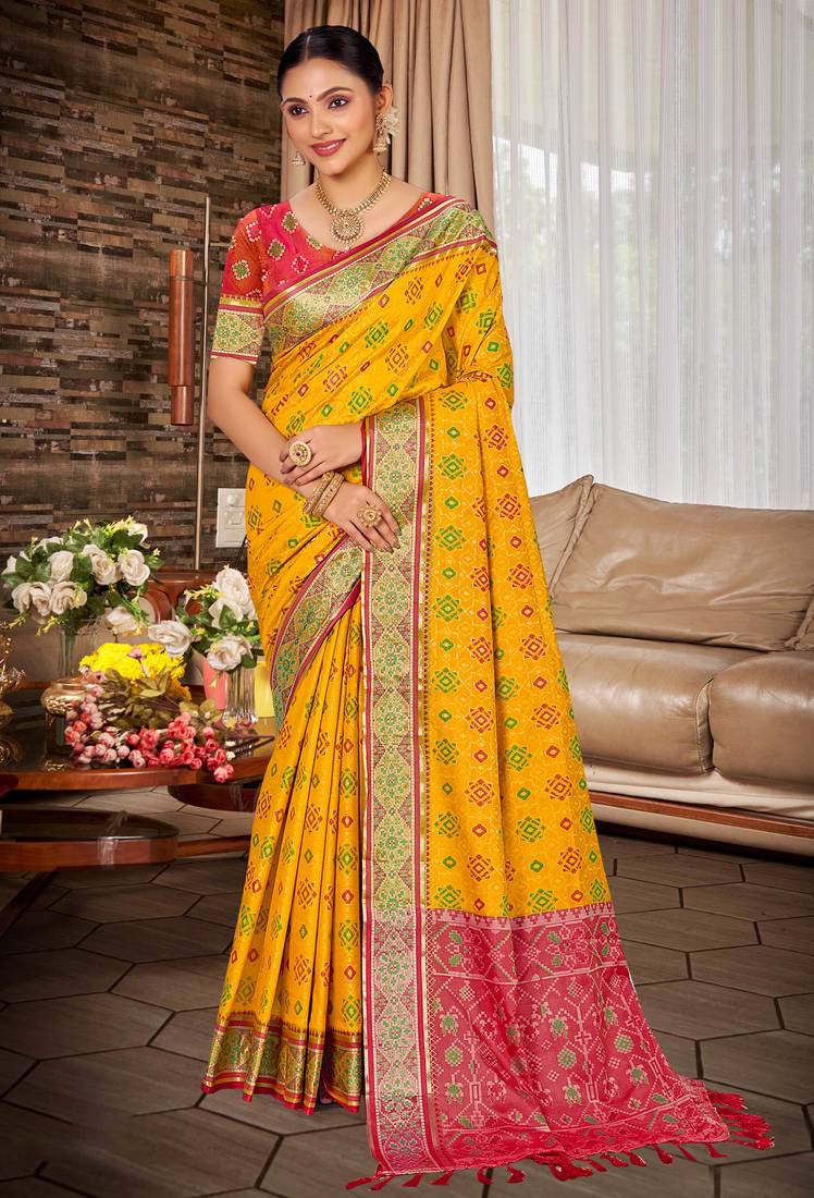 yellow patola silk blend woven work traditional saree