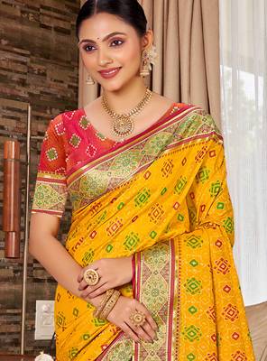 yellow patola silk blend woven work traditional saree 2