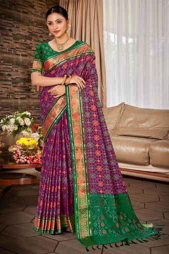 wine patola silk blend woven work traditional saree