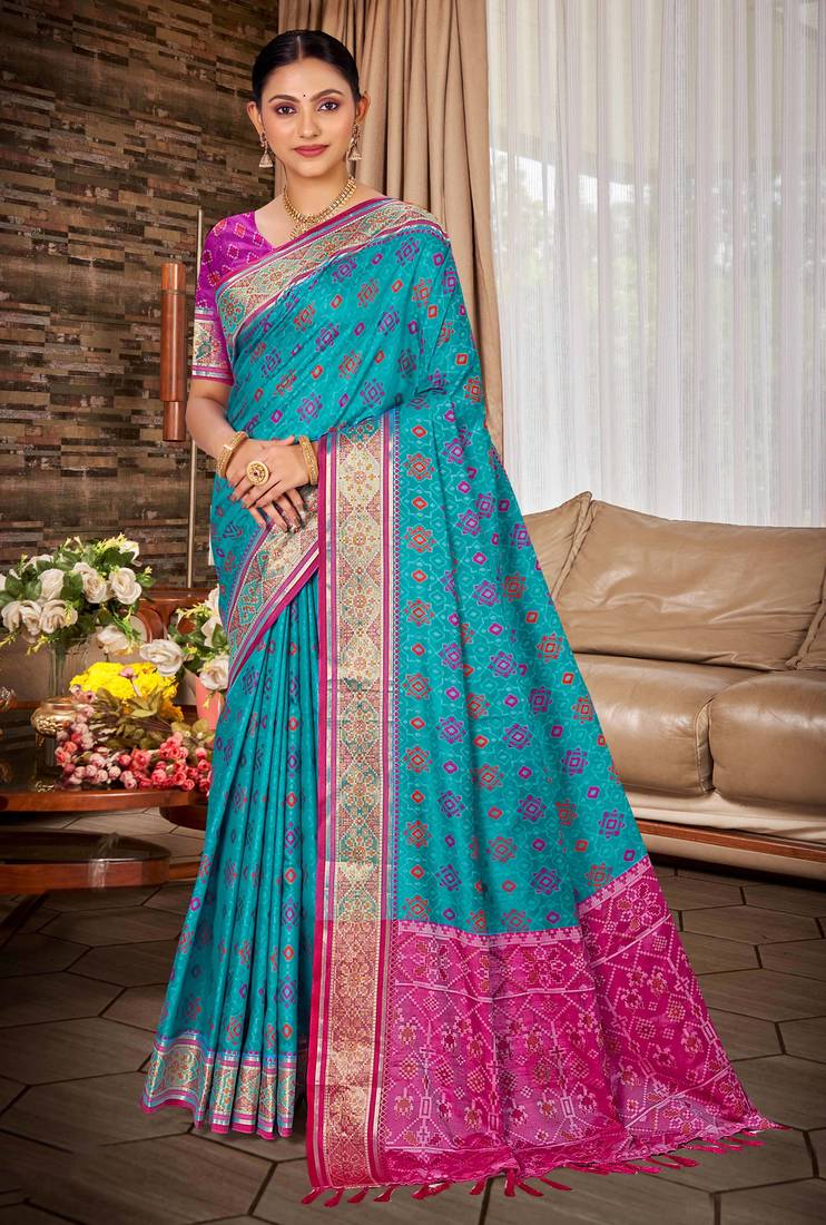turquoise blue patola silk blend woven work traditional saree