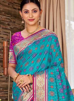 turquoise blue patola silk blend woven work traditional saree 2