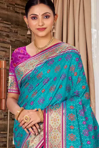 turquoise blue patola silk blend woven work traditional saree