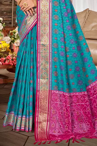 turquoise blue patola silk blend woven work traditional saree