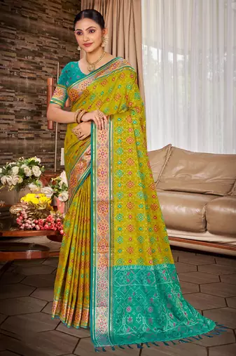 olive mustard patola silk blend woven work traditional saree