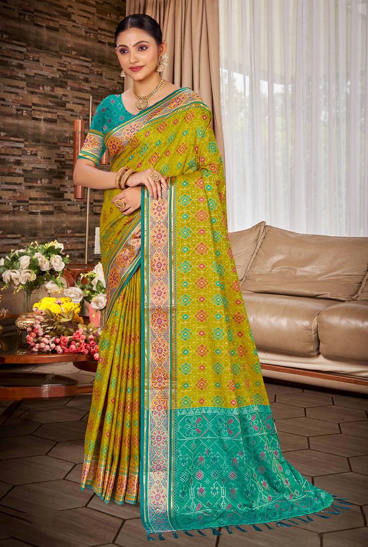 olive mustard patola silk blend woven work traditional saree