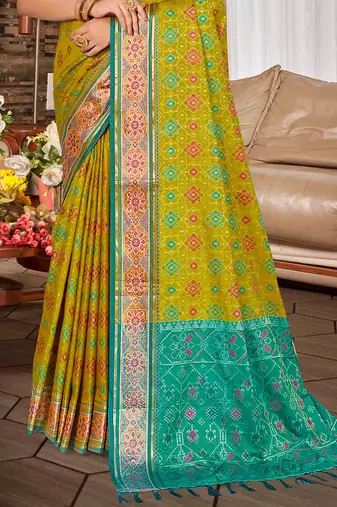 olive mustard patola silk blend woven work traditional saree