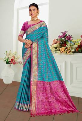 turquoise blue patola silk blend woven work traditional saree 1