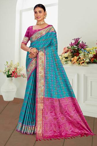 turquoise blue patola silk blend woven work traditional saree
