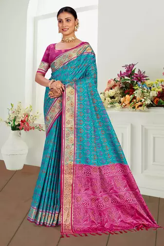 turquoise blue patola silk blend woven work traditional saree