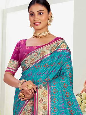 turquoise blue patola silk blend woven work traditional saree 2
