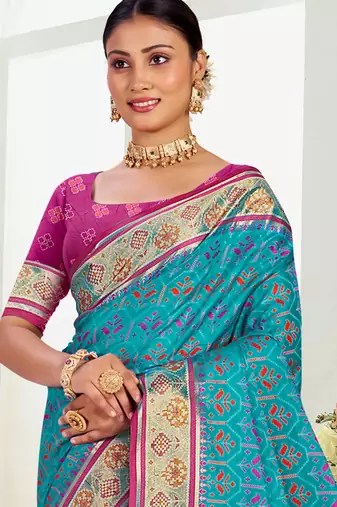 turquoise blue patola silk blend woven work traditional saree