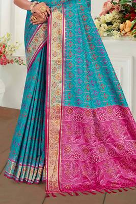 turquoise blue patola silk blend woven work traditional saree 3