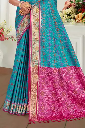 turquoise blue patola silk blend woven work traditional saree