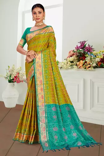 olive mustard patola silk blend woven work traditional saree