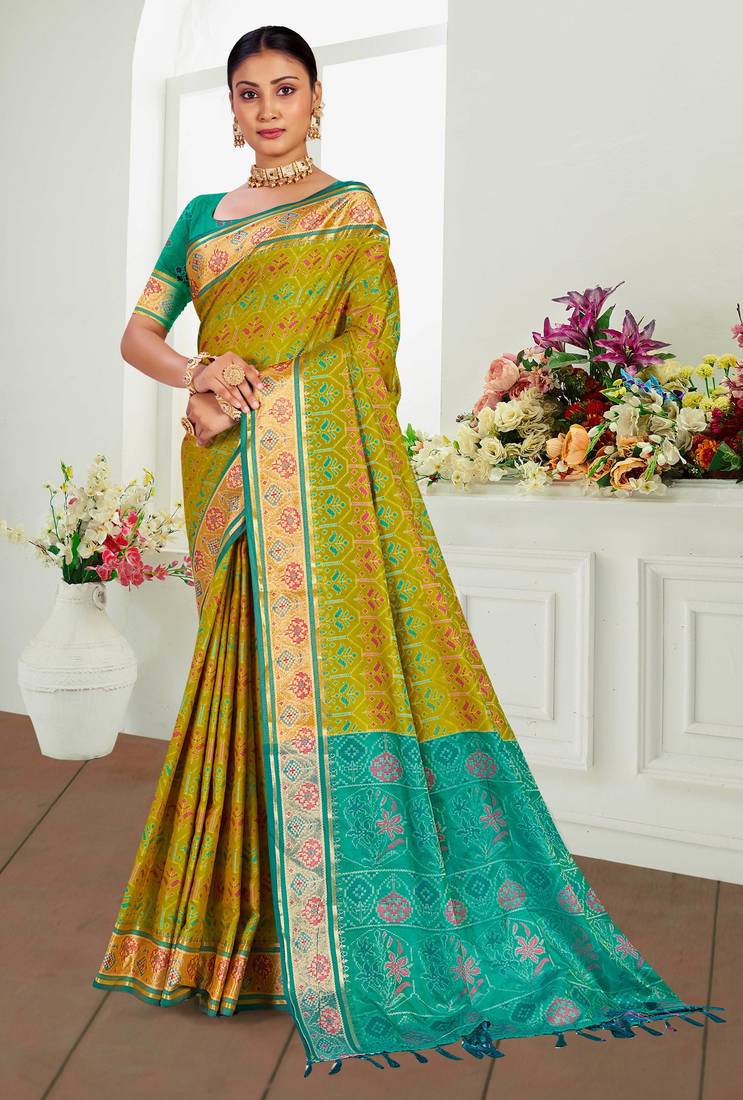 olive mustard patola silk blend woven work traditional saree