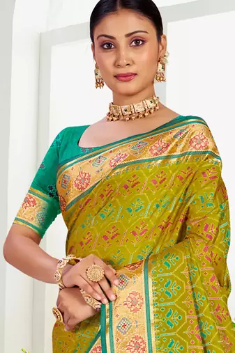 olive mustard patola silk blend woven work traditional saree