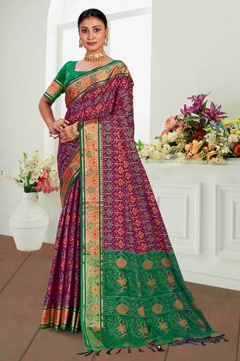 wine patola silk blend woven work traditional saree