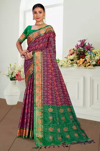 wine patola silk blend woven work traditional saree