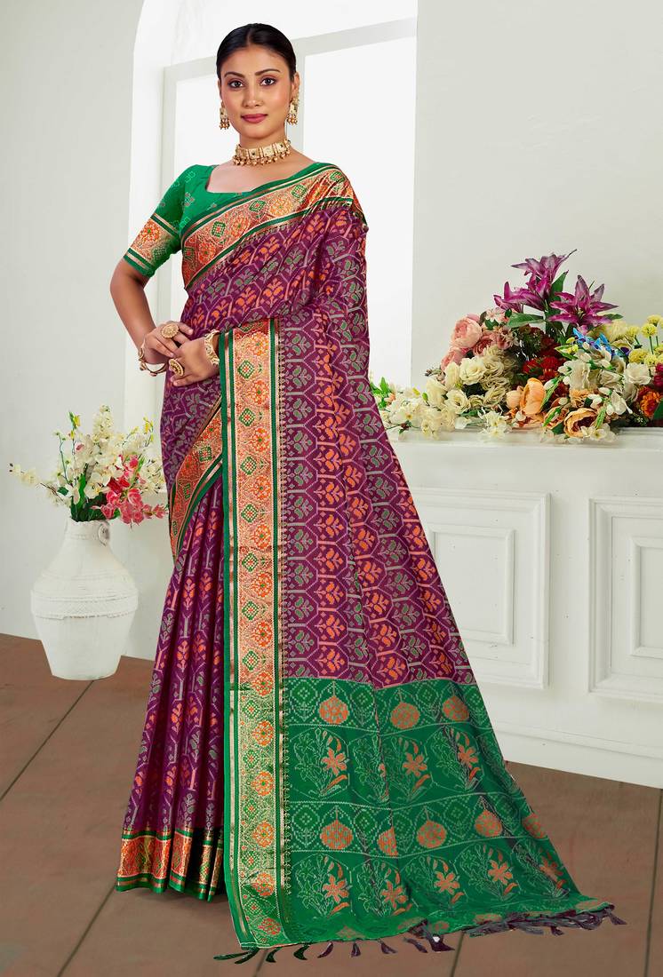 wine patola silk blend woven work traditional saree