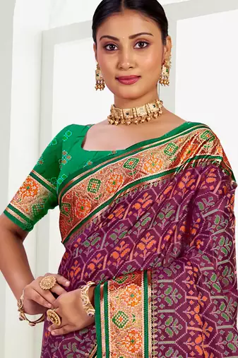 wine patola silk blend woven work traditional saree
