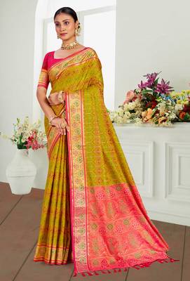 mustard yellow patola silk blend woven work traditional saree 1